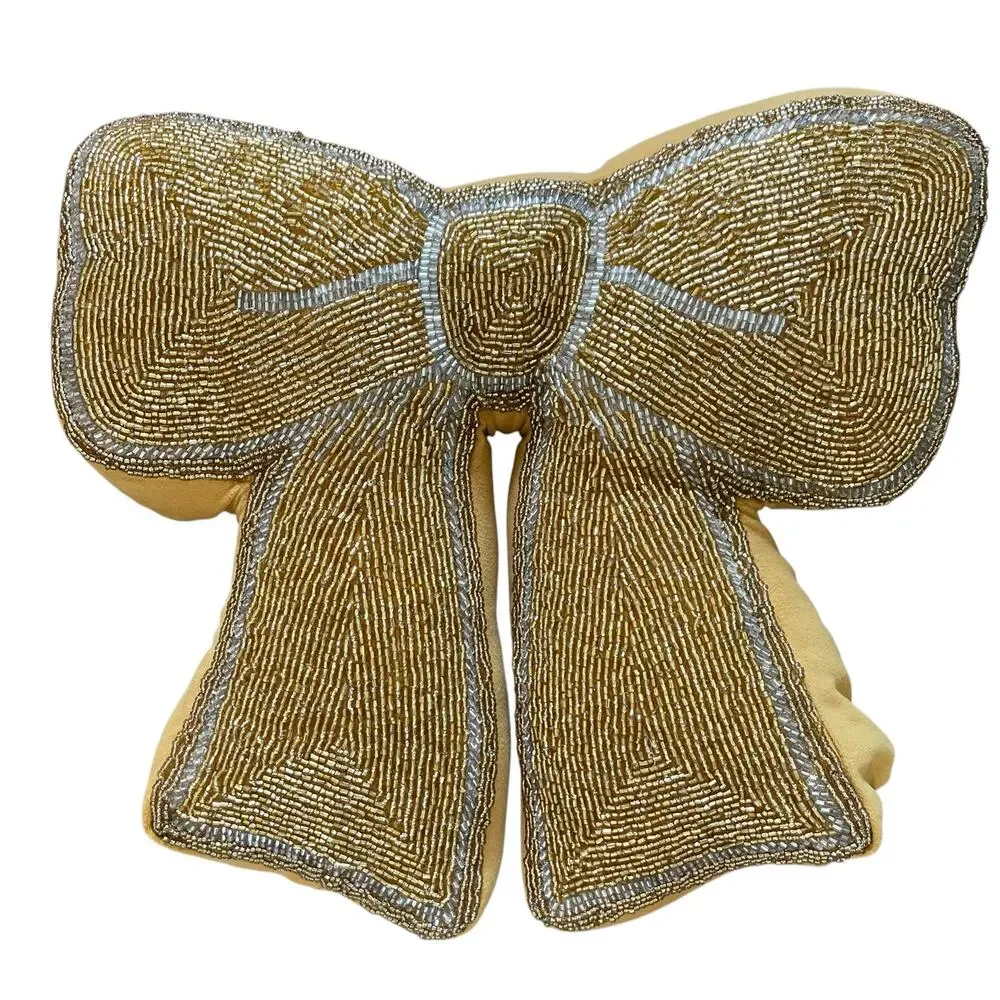 Glitz & Glimmer Beaded Gold Velvet Bow Pillow Holiday Glam Designer Decor New